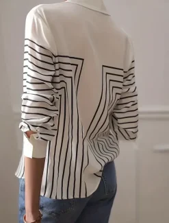 Women's Shirt Button Down Tunic Shirt Collar Long Sleeve Striped Casual Regular Tops Work Daily s Print Black Red Spring Fall Winter