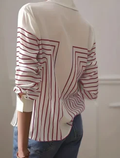 Women's Shirt Button Down Tunic Shirt Collar Long Sleeve Striped Casual Regular Tops Work Daily s Print Black Red Spring Fall Winter