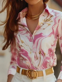 Women's Shirt Button Down Tunic Shirt Collar Long Sleeve Marble Print Work Elegant Stylish Business Pink Fall