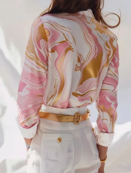 Women's Shirt Button Down Tunic Shirt Collar Long Sleeve Marble Print Work Elegant Stylish Business Pink Fall