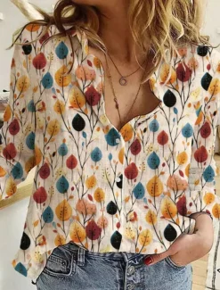 Women's Shirt Button Down Tunic Shirt Collar Long Sleeve Floral Casual Regular Tops Work Daily s Print Khaki Spring Fall
