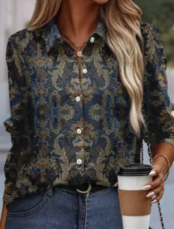 Women's Shirt Button Down Tunic Shirt Collar Long Sleeve Fashion s Print Regular Tops Casual Blue Spring & Fall