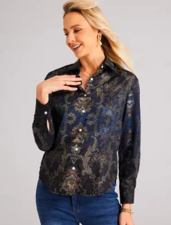 Women's Shirt Button Down Tunic Shirt Collar Long Sleeve Fashion s Print Regular Tops Casual Blue Spring & Fall