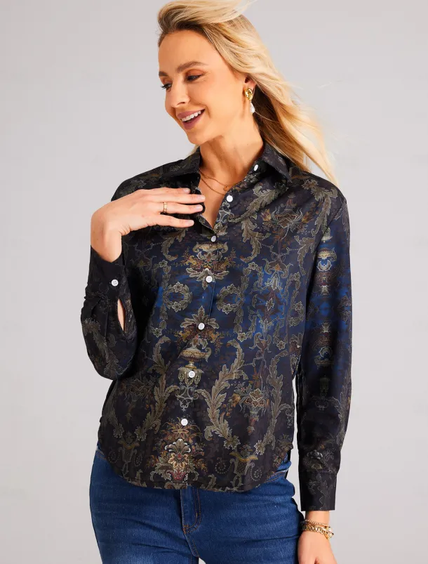 Women's Shirt Button Down Tunic Shirt Collar Long Sleeve Fashion s Print Regular Tops Casual Blue Spring & Fall