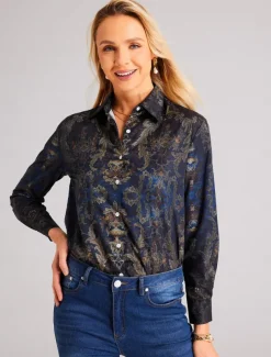 Women's Shirt Button Down Tunic Shirt Collar Long Sleeve Fashion s Print Regular Tops Casual Blue Spring & Fall