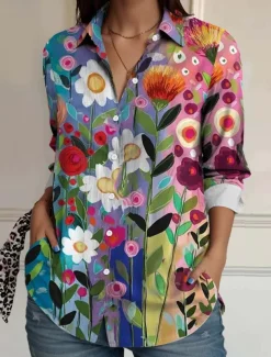 Women's Shirt Button Down Tunic Shirt Collar Long Sleeve Floral Elegant Vintage Tropical Regular Tops Work Daily s Print Rainbow Summer
