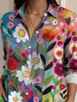 Women's Shirt Button Down Tunic Shirt Collar Long Sleeve Floral Elegant Vintage Tropical Regular Tops Work Daily s Print Rainbow Summer