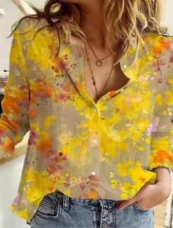 Women's Shirt Button Down Tunic Shirt Collar Long Sleeve Floral Daily Stylish Long Tops Daily s Print Yellow Spring Fall