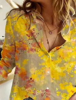 Women's Shirt Button Down Tunic Shirt Collar Long Sleeve Floral Daily Stylish Long Tops Daily s Print Yellow Spring Fall