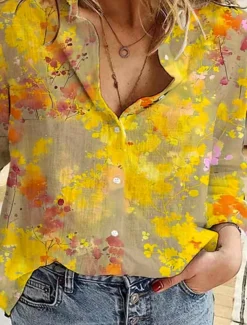 Women's Shirt Button Down Tunic Shirt Collar Long Sleeve Floral Daily Stylish Long Tops Daily s Print Yellow Spring Fall
