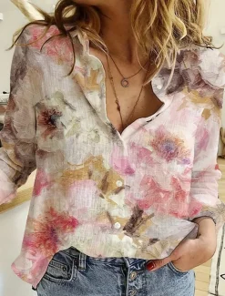 Women's Shirt Button Down Tunic Shirt Collar Long Sleeve Floral Casual Regular Tops Daily s Print Pink Spring Fall