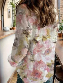 Women's Shirt Button Down Tunic Shirt Collar Long Sleeve Floral Casual Regular Tops Daily s Print Pink Spring Fall