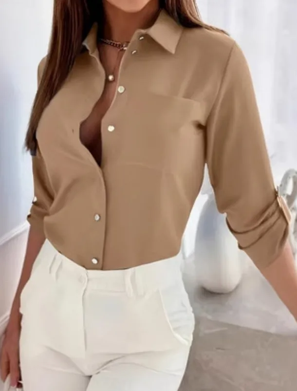 Women's Shirt Button Down Blouse Solid Color Stylish Casual Long Sleeve Shirt Button Down Blouse Collar Regular Tops Daily Buttons Black Sky Blue Fuchsia Brown Khaki Summer Spring Fall