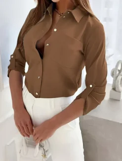 Women's Shirt Button Down Blouse Solid Color Stylish Casual Long Sleeve Shirt Button Down Blouse Collar Regular Tops Daily Buttons Black Sky Blue Fuchsia Brown Khaki Summer Spring Fall