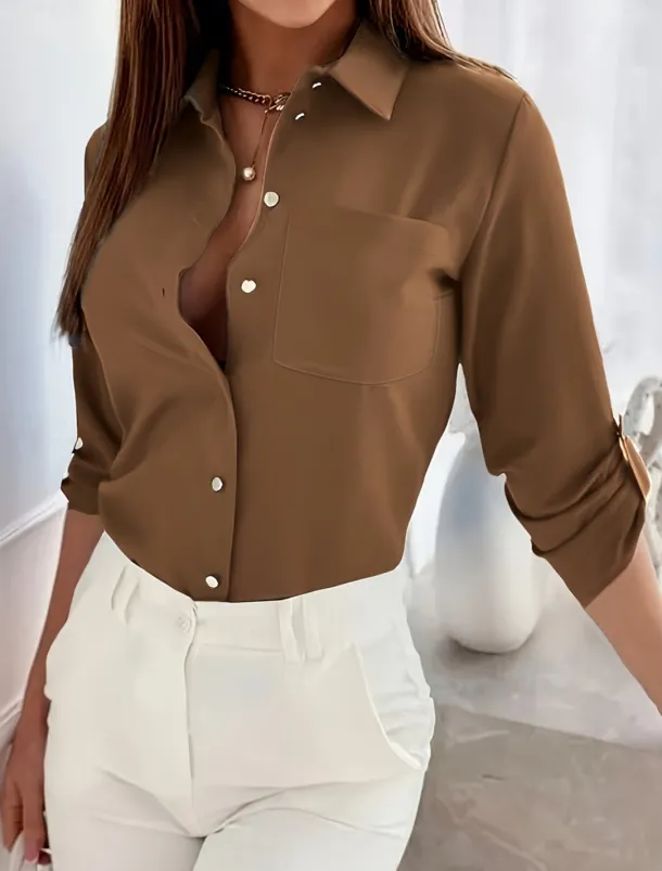 Women's Shirt Button Down Blouse Solid Color Stylish Casual Long Sleeve Shirt Button Down Blouse Collar Regular Tops Daily Buttons Black Sky Blue Fuchsia Brown Khaki Summer Spring Fall