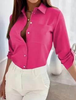 Women's Shirt Button Down Blouse Solid Color Stylish Casual Long Sleeve Shirt Button Down Blouse Collar Regular Tops Daily Buttons Black Sky Blue Fuchsia Brown Khaki Summer Spring Fall