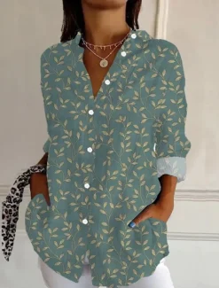 Women's Shirt Button Down Tunic Shirt Collar Long Sleeve Floral Graphic Geometric Casual Regular Tops Work Daily s Print White Pink Sky Blue Green Rose Pink Spring Fall Winter
