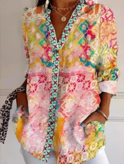 Women's Shirt Button Down Tunic Shirt Collar Long Sleeve Floral Graphic Geometric Casual Regular Tops Work Daily s Print White Pink Sky Blue Green Rose Pink Spring Fall Winter