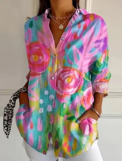 Women's Shirt Button Down Tunic Shirt Collar Long Sleeve Floral Graphic Geometric Casual Regular Tops Work Daily s Print White Pink Sky Blue Green Rose Pink Spring Fall Winter