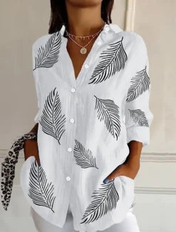 Women's Shirt Button Down Tunic Shirt Collar Long Sleeve Floral Graphic Geometric Casual Regular Tops Work Daily s Print White Pink Sky Blue Green Rose Pink Spring Fall Winter