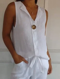 Women's Shirt Button Up Cotton Linen Shirt Blouse Solid Color Elegant Daily Stylish Sleeveless V Neck Regular Tops Daily Holiday Going out Patchwork White Navy Blue Green Khaki Summer Spring