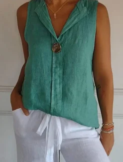 Women's Shirt Button Up Cotton Linen Shirt Blouse Solid Color Elegant Daily Stylish Sleeveless V Neck Regular Tops Daily Holiday Going out Patchwork White Navy Blue Green Khaki Summer Spring