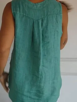 Women's Shirt Button Up Cotton Linen Shirt Blouse Solid Color Elegant Daily Stylish Sleeveless V Neck Regular Tops Daily Holiday Going out Patchwork White Navy Blue Green Khaki Summer Spring