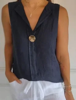 Women's Shirt Button Up Cotton Linen Shirt Blouse Solid Color Elegant Daily Stylish Sleeveless V Neck Regular Tops Daily Holiday Going out Patchwork White Navy Blue Green Khaki Summer Spring