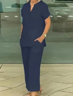 Women's Shirt Cotton Linen Sets Two Piece Sets Linen Pants Short Sleeve Solid Color Navy Blue Blue Gray Summer Regular Fit