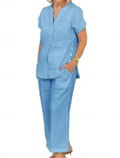 Women's Shirt Cotton Linen Sets Two Piece Sets Linen Pants Short Sleeve Solid Color Navy Blue Blue Gray Summer Regular Fit