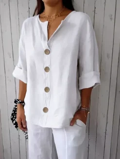 Women's Shirt Cotton Linen Shirts Button Up Blouse Solid Color Basic Casual 3/4 Length Sleeve V Neck Regular Tops Daily Buttons Black White Red Khaki Summer