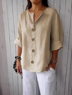 Women's Shirt Cotton Linen Shirts Button Up Blouse Solid Color Basic Casual 3/4 Length Sleeve V Neck Regular Tops Daily Buttons Black White Red Khaki Summer