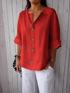 Women's Shirt Cotton Linen Shirts Button Up Blouse Solid Color Basic Casual 3/4 Length Sleeve V Neck Regular Tops Daily Buttons Black White Red Khaki Summer