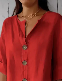 Women's Shirt Cotton Linen Shirts Button Up Blouse Solid Color Basic Casual 3/4 Length Sleeve V Neck Regular Tops Daily Buttons Black White Red Khaki Summer