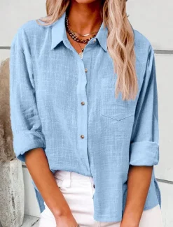 Women's Shirt Cotton Linen Shirts Button Up Blouse Plain Fashion Neon & Bright Long Sleeve Shirt Collar Regular Tops Casual Buttons Pocket Denim Blue Black White Yellow Pink Spring & Fall