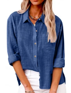 Women's Shirt Cotton Linen Shirts Button Up Blouse Plain Fashion Neon & Bright Long Sleeve Shirt Collar Regular Tops Casual Buttons Pocket Denim Blue Black White Yellow Pink Spring & Fall