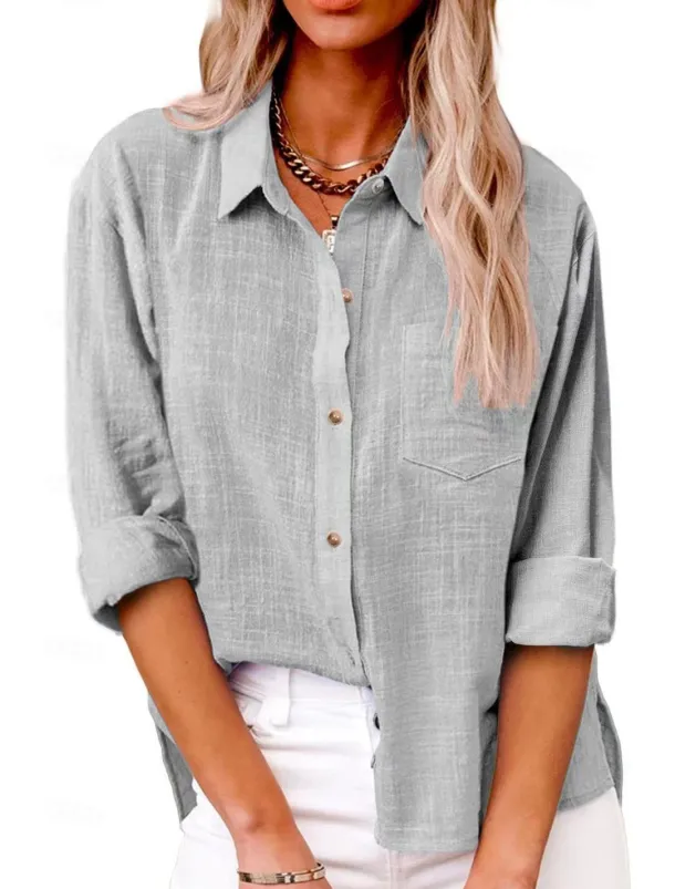 Women's Shirt Cotton Linen Shirts Button Up Blouse Plain Fashion Neon & Bright Long Sleeve Shirt Collar Regular Tops Casual Buttons Pocket Denim Blue Black White Yellow Pink Spring & Fall