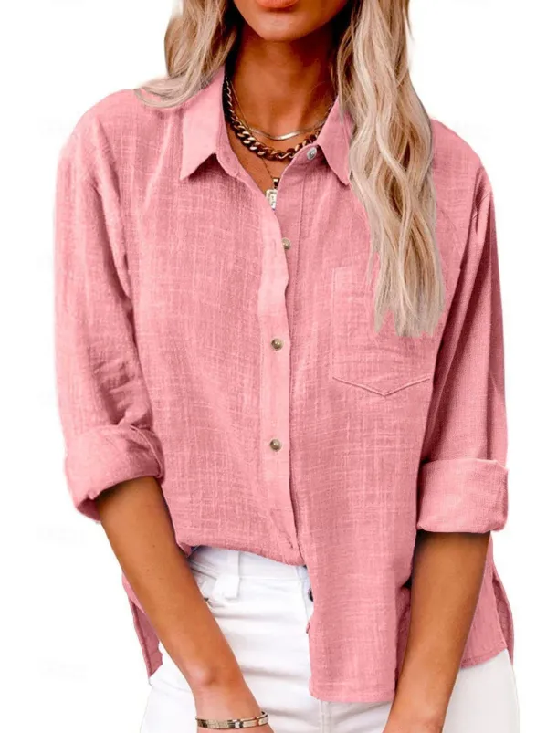 Women's Shirt Cotton Linen Shirts Button Up Blouse Plain Fashion Neon & Bright Long Sleeve Shirt Collar Regular Tops Casual Buttons Pocket Denim Blue Black White Yellow Pink Spring & Fall