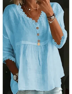 Women's Shirt Cotton Linen Shirts Blouse Plain Basic Modern Casual 3/4 Length Sleeve V Neck Regular Tops Daily Holiday Going out Ruched White Pink Light Blue Summer