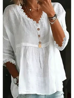 Women's Shirt Cotton Linen Shirts Blouse Plain Basic Modern Casual 3/4 Length Sleeve V Neck Regular Tops Daily Holiday Going out Ruched White Pink Light Blue Summer