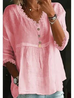 Women's Shirt Cotton Linen Shirts Blouse Plain Basic Modern Casual 3/4 Length Sleeve V Neck Regular Tops Daily Holiday Going out Ruched White Pink Light Blue Summer