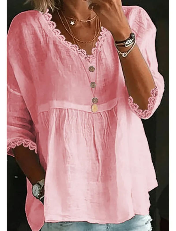 Women's Shirt Cotton Linen Shirts Blouse Plain Basic Modern Casual 3/4 Length Sleeve V Neck Regular Tops Daily Holiday Going out Ruched White Pink Light Blue Summer