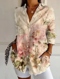 Women's Shirt Cotton Linen Shirts Button Up Blouse Floral Geometric Basic Casual Long Sleeve Shirt Collar Regular Tops Daily Buttons Print White Army Green Red Khaki Gray Fall Winter