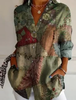 Women's Shirt Cotton Linen Shirts Button Up Blouse Floral Geometric Basic Casual Long Sleeve Shirt Collar Regular Tops Daily Buttons Print White Army Green Red Khaki Gray Fall Winter