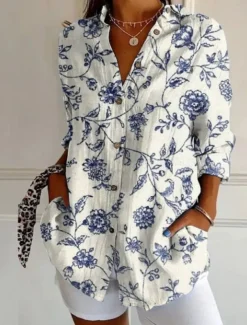 Women's Shirt Cotton Linen Shirts Button Up Blouse Floral Geometric Basic Casual Long Sleeve Shirt Collar Regular Tops Daily Buttons Print White Army Green Red Khaki Gray Fall Winter