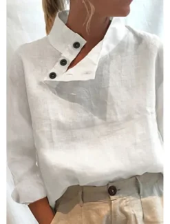 Women's Shirt Cotton Linen Shirts Blouse Plain Basic Modern Casual Long Sleeve High Neck Regular Tops Daily Going out Buttons White Summer