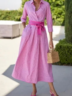 Women's Shirt Dress Casual Dress Maxi long Dress Date Vacation Modern Casual Shirt Collar Lace up Button Long Sleeve Summer Spring Regular Fit Plaid