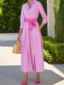 Women's Shirt Dress Casual Dress Maxi long Dress Date Vacation Modern Casual Shirt Collar Lace up Button Long Sleeve Summer Spring Regular Fit Plaid