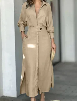 Women's Shirt Dress Long Dress Maxi Dress Pocket Split Daily Date Vacation Active Fashion Shirt Collar Long Sleeve Black White Pink Color