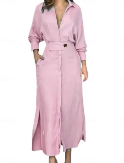Women's Shirt Dress Long Dress Maxi Dress Pocket Split Daily Date Vacation Active Fashion Shirt Collar Long Sleeve Black White Pink Color